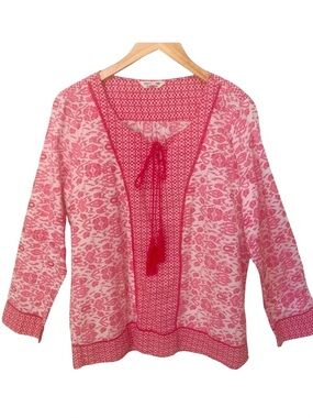 Denim By Max Tassel Tie Peasant Blouse 100% Cotton Pink & White Lightweight Boho